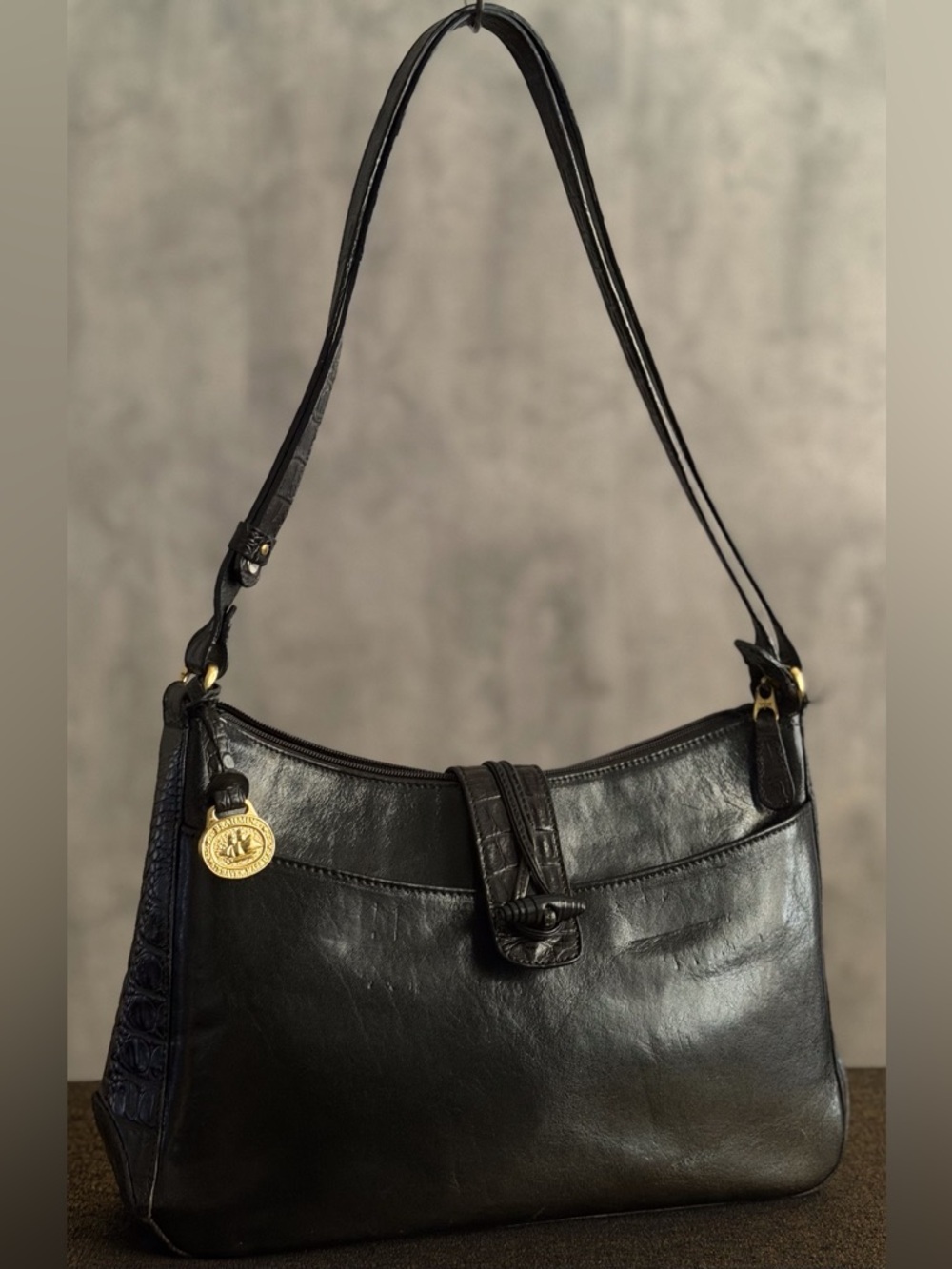 VTG BRAHMIN VTG Blk Isabelle Jet Tuscan Lther Croc Trim Shoulder Satchel Handbag